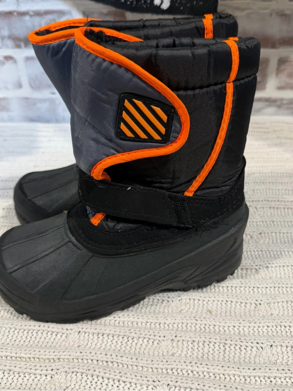 Kids Black & Orange Winter Snow Boots - Waterproof Slip-On youth size 1